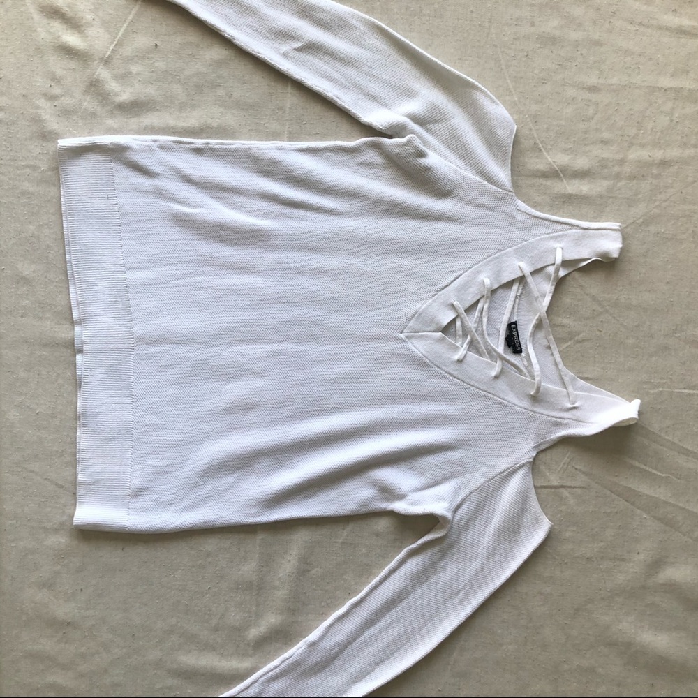 Express white cold shoulder reversible sweater